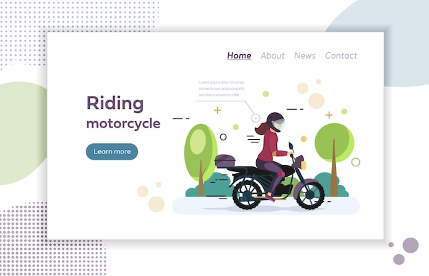 Vector página de inicio del sitio web de montar en moto mujer joven montando motocicleta mujer viajera con cascos