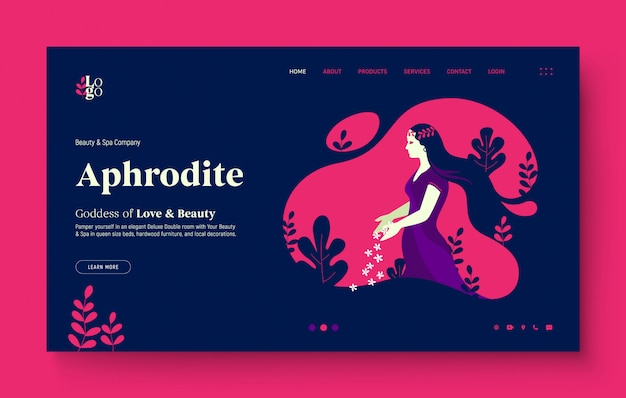Página de inicio del sitio web para spa, salón de belleza, naturaleza, hermosa niña. Niña dejando caer algunas flores, en la naturaleza, la diosa griega Afrodita. Ilustración de diseño plano moderno para el sitio web.