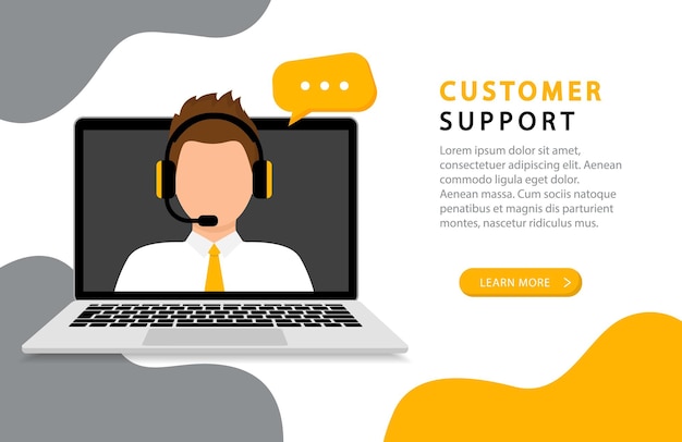 Página de inicio de soporte al cliente. Operador de atención al cliente. Servicio de soporte. Hombre con auriculares en la computadora portátil. Asistente en línea del centro de llamadas. Servicio de soporte Hotline 24h.