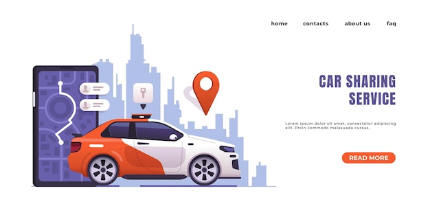 Página de inicio de uso compartido de automóviles interfaz del sitio web con texto y botones transporte urbano alquiler de automóviles o pedido de taxi aplicación móvil y detección en línea de ubicación por mapa pantalla de dispositivo vectorial