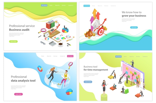 Página de inicio de vector plano isométrico para servicio profesional de auditoría empresarial, crecimiento financiero, herramienta de análisis de datos, gestión del tiempo.