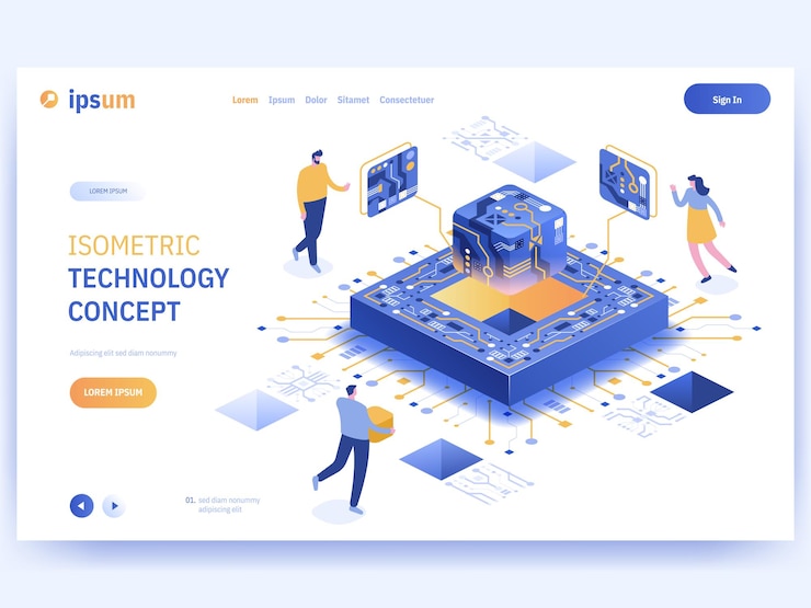 Vector página de inicio vectorial del concepto de tecnología isométrica el equipo de ingenieros conecta y configura partes de un enorme microprocesador abstracto o chip de computadora ilustración de personajes de banner publicitario