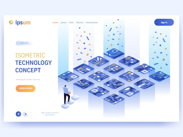 Página de inicio vectorial del concepto de tecnología isométrica El ingeniero desarrollador trabaja en un conjunto de microcircuitos o chips de computadora diseña hardware de computadora Ilustración de personaje de banner publicitario