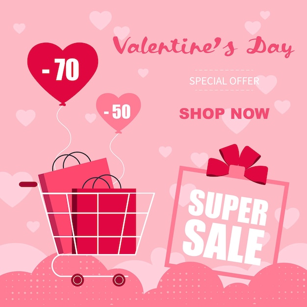 Página de inicio de venta del Día de San Valentín o pancarta con carrito de regalos globo en forma de corazón en un vector rosa