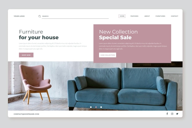 Página de inicio de venta de muebles planos con foto