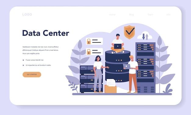 Página de inicio web del administrador de la base de datos. personaje femenino y masculino que trabaja en el centro de datos. tecnología informática moderna, idea de profesión de ti. ilustración de vector aislado