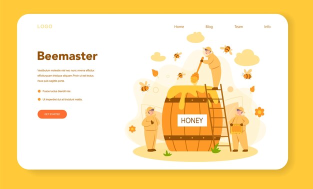Página de inicio web de Hiver o apicultor. Agricultor profesional con colmena y miel. Producto orgánico de campo. Trabajador de colmenar, apicultura y producción de miel. Ilustración vectorial
