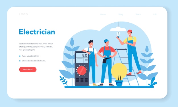 Página de inicio web del servicio de obras eléctricas. Trabajador profesional en el elemento eléctrico de reparación uniforme. Técnico de reparación y ahorro energético. Ilustración de vector aislado