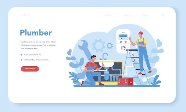 Página de inicio web del servicio de plomería. reparación y limpieza profesional de equipos de fontanería y baño. ilustración vectorial