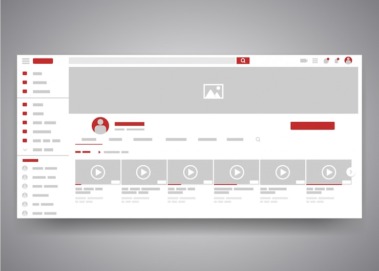 Vector página de interfaz de usuario del canal de video youtube del navegador web con campo de búsqueda y lista de videos.