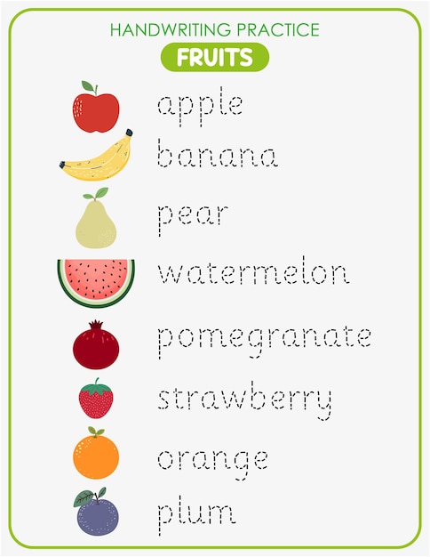 Página del libro de actividades de práctica de escritura a mano Escribe los nombres de las frutas hoja de trabajo para niños Juego educativo