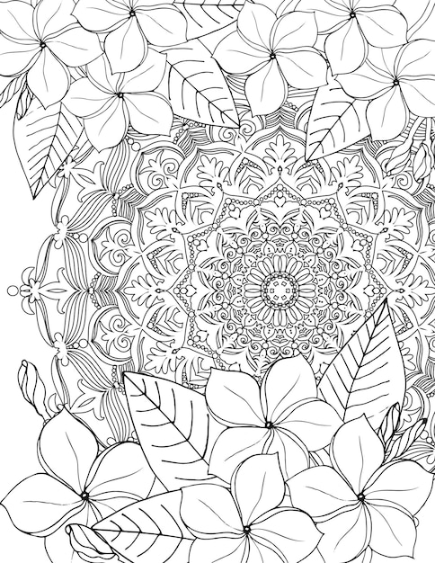 Página de libro para colorear para adultos con hermosas flores tropicales y mandala