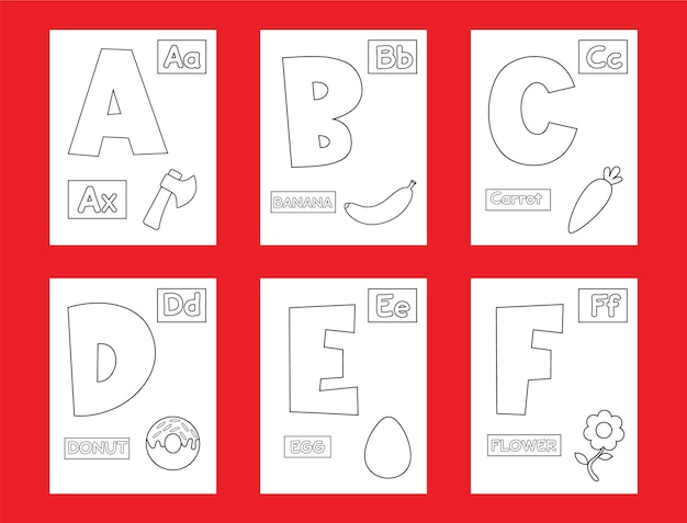 página del libro de colorear del alfabeto con imágenes prediseñadas esbozadas para colorear Ilustración vectorial del alfabeto de los niños.