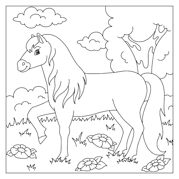 Página de libro para colorear de animales de granja de caballos lindo para  niños | Vector Premium