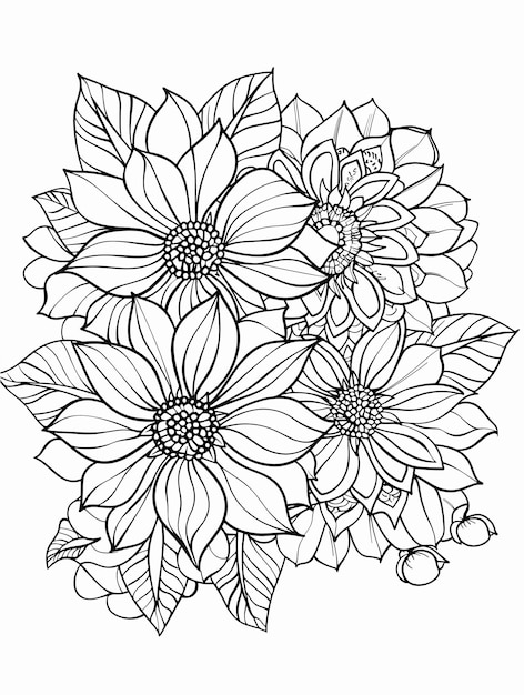Página de libro para colorear arte de líneas delgadas en blanco y negro flores de mandala