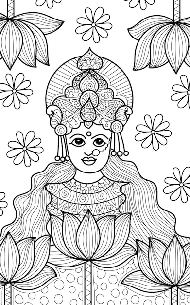 Página del libro de colorear de la diosa decorativa lakshmi con estilo henna