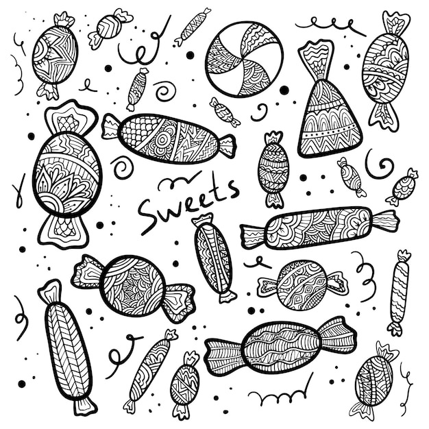 Vector página de libro para colorear de garabatos de dulces antiestrés para adultos ilustración en blanco y negro garabato zen y dulces enredos zen