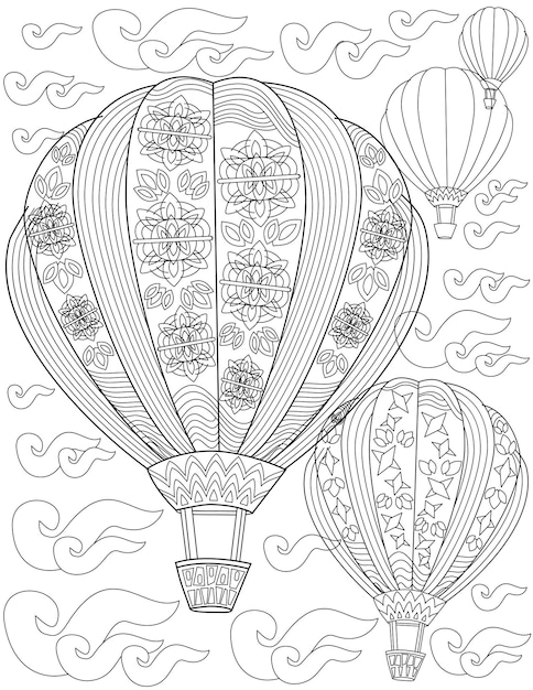 Página de libro para colorear con globos aerostáticos con diseños florales volando en la hoja del cielo para colorear con globos de fuego floridos vacíos en las nubes dirigibles subiendo