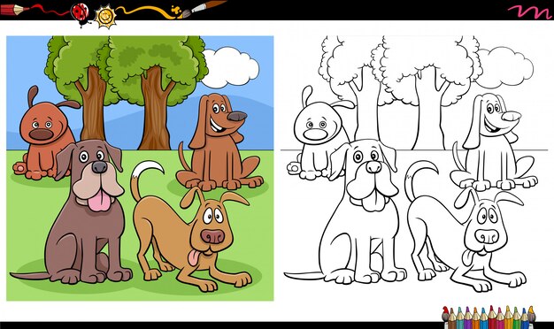 Página de libro de colorear de grupo de perros y cachorros de cómic