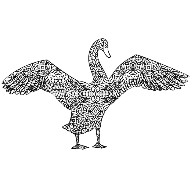 Página de libro para colorear de mandala de animal de cisne dibujada a mano con mandala de cisne