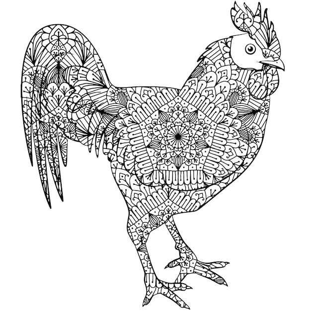 Vector página de libro para colorear de mandala animal dibujada a mano con diseño de mandala de pollo