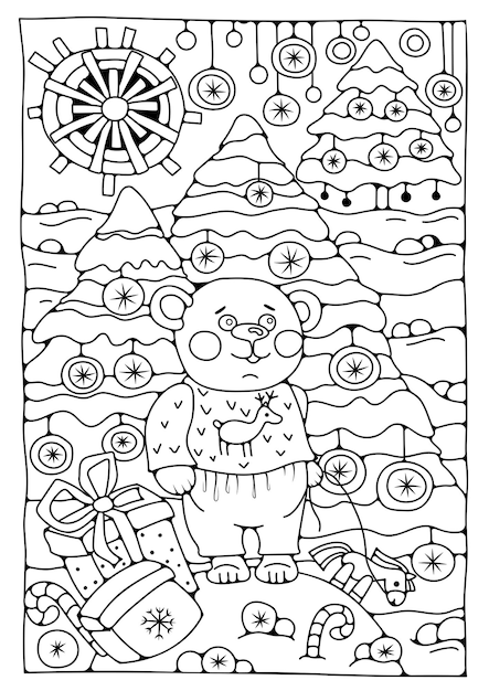 Página de libro para colorear de navidad y año nuevo. oso de dibujos  animados en el bosque de año nuevo con árboles y regalos. página para  colorear. terapia artística. | Vector Premium