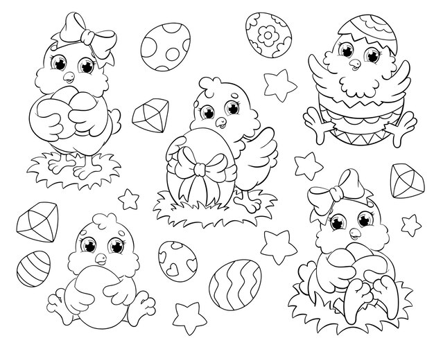 Página de libro para colorear para niños Conjunto de lindos pollos de Pascua Personaje de estilo de dibujos animados Aves de granja Ilustración vectorial aislado sobre fondo blanco