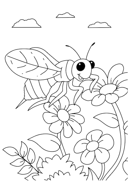 Página de libro para colorear para niños diseño de ilustración de abejas y flores