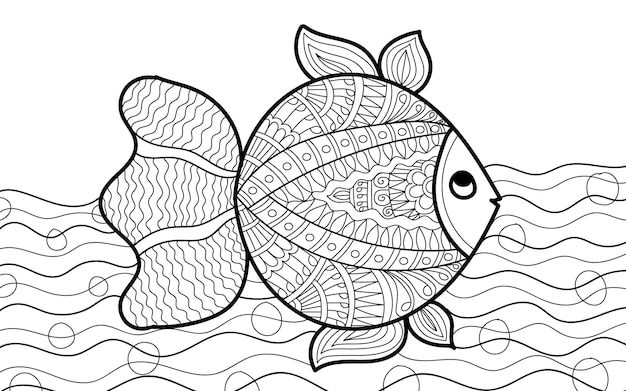 Página de libro de colorear de peces decorativos con diseño de estilo henna