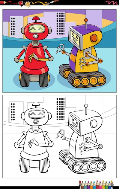 Página del libro para colorear de personajes de robots o droides de dibujos animados