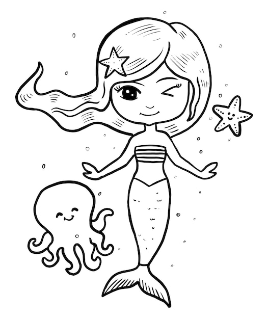 Página de libro de colorear de sirena para niños línea arte vector diseño imprimible en blanco para que los niños completen