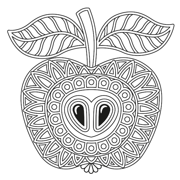 Página de libro para colorear de vector blanco y negro para adultos. contornea la fruta de la manzana en un estilo mandala