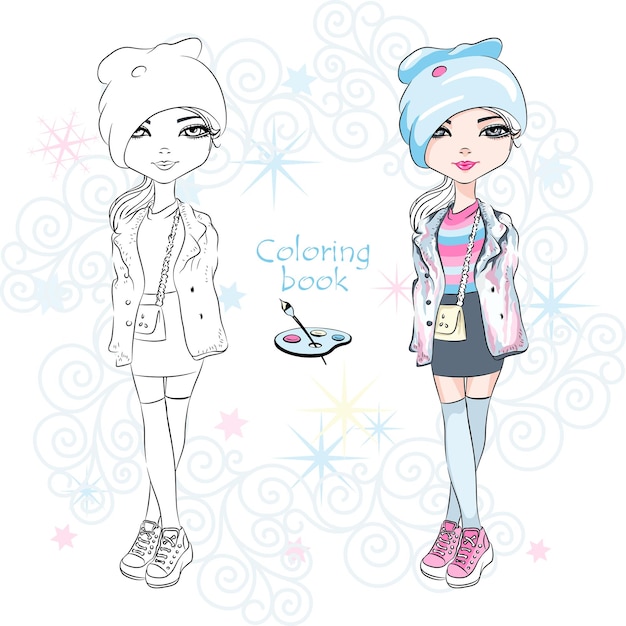 Página de libro de colorear vectorial de chica con gorra, camisa a rayas, chaqueta y falda lista para colorear