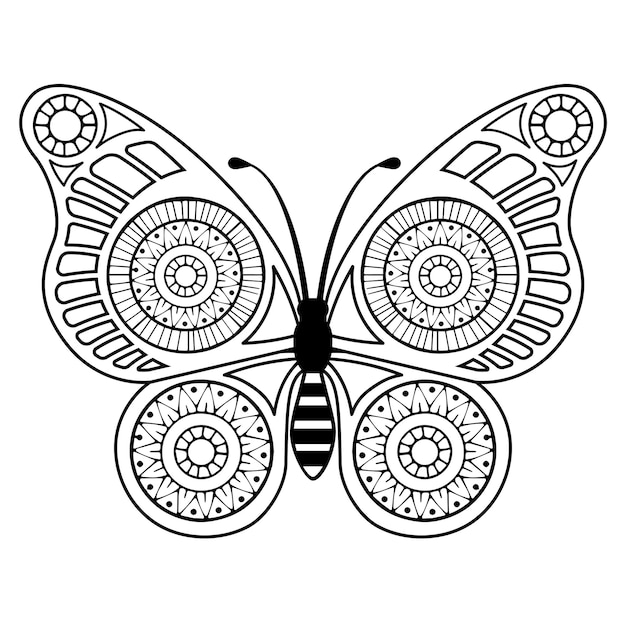 Página del libro para colorear vectorial Silueta de mariposa elegante en estilo mandala aislado sobre fondo blanco