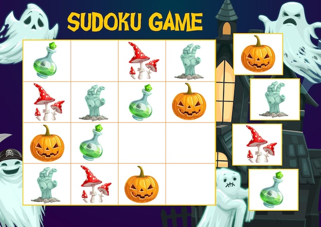 Página de libro de rompecabezas para niños, juego de sudoku de halloween