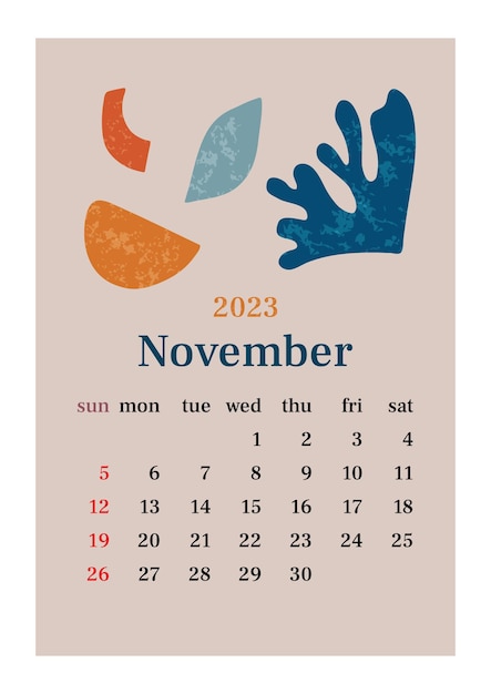 La página con el mes de noviembre de 2023 con formas orgánicas abstractas en tonos apagados Afiche vertical en estilo estético en colores pastel Diseño de ilustración vectorial
