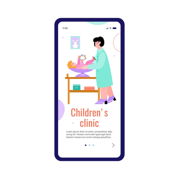 Vector página móvil para clínica infantil con dibujos animados de pediatra.