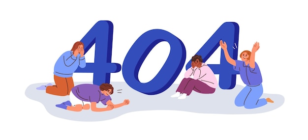 Página no encontrada, error web 404, fallo de acceso. Error técnico, sitio web descargado, página no disponible, página web equivocada, gente triste llorando. Ilustración vectorial gráfica plana aislada sobre fondo blanco