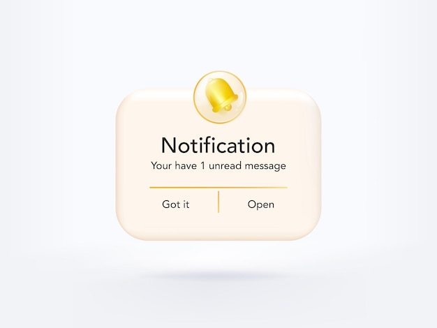 Página de notificaciones de recordatorio 3D con elementos flotantes. Representación de campana vectorial 3D en el calendario.