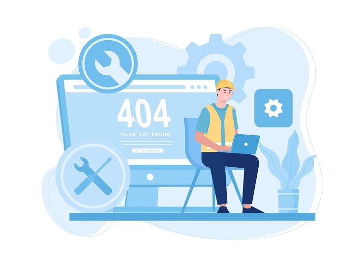 Vector página de pantalla fija de trabajador no encontrada ilustración plana de concepto 404