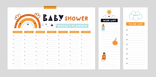 Página de planificador semanal con lindo arcoiris. Organizador para mamá y bebé. Baby shower