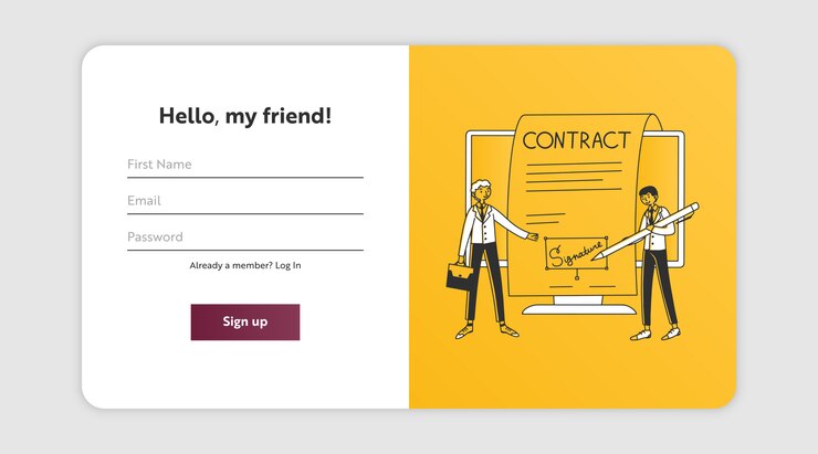 Vector página de registro con socios comerciales que firman contrato