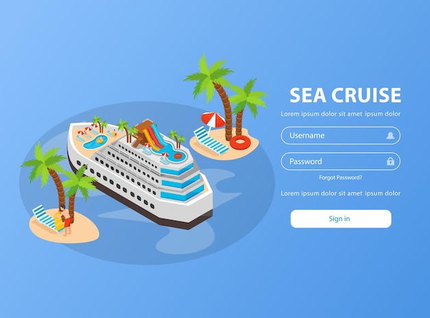 Página de reserva isométrica de crucero por mar