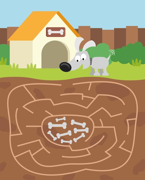 Página de rompecabezas de laberinto para niños con tema de perro