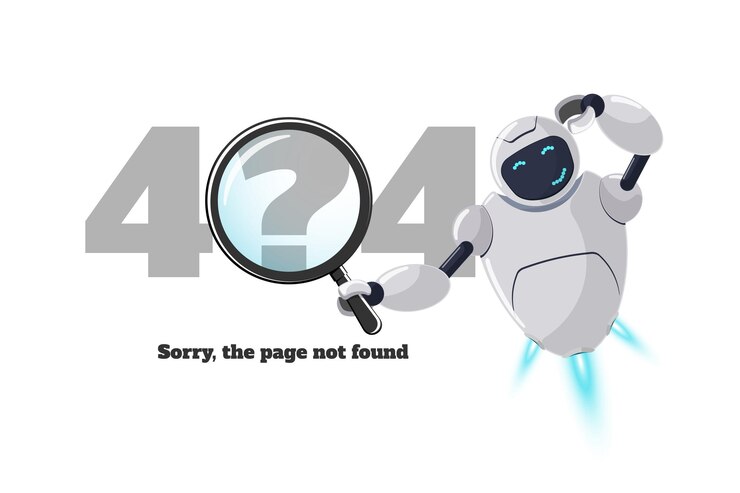 Página del sitio web no encontrada error preocupado carácter robot con lupa en la mano bloqueo del sitio en