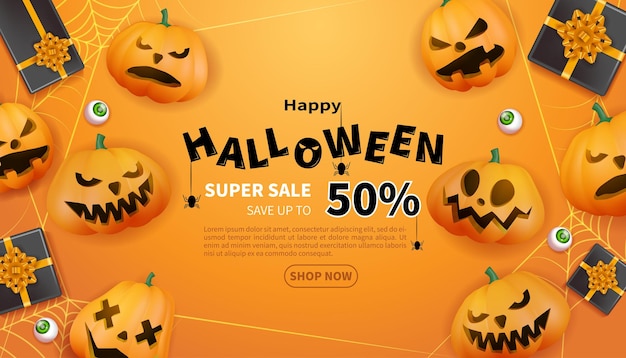 Página de venta de halloween con regalos de calabazas y globos oculares