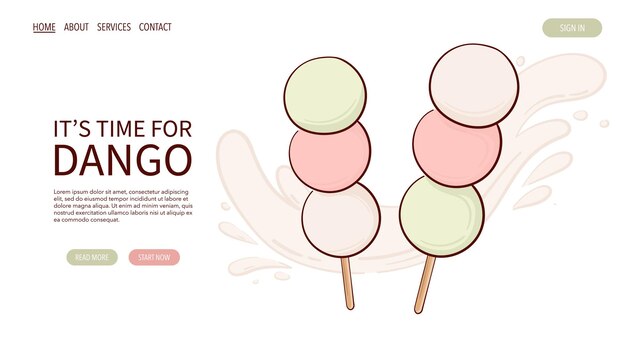 Página web Dibujar Japón tradición dulce sanshoku dango tres colores vector ilustración Comida tradicional asiática japonesa concepto de menú de cocina Banner sitio web publicidad en estilo de dibujos animados de garabatos