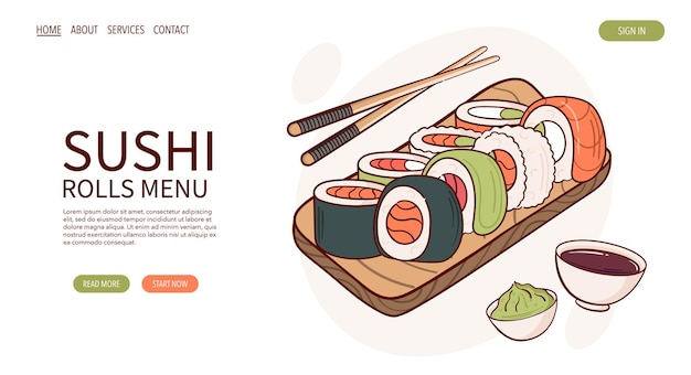 Página web Dibujar nigiri sushi roll vector ilustración Comida tradicional asiática japonesa concepto de menú de cocina Banner sitio web publicidad en estilo de dibujos animados de garabatos