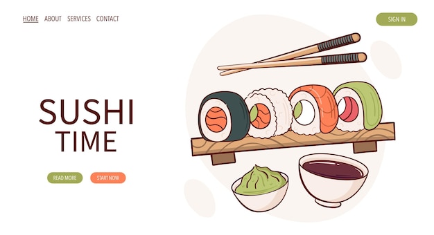 Página web Dibujar nigiri sushi roll vector ilustración Comida tradicional asiática japonesa concepto de menú de cocina Banner sitio web publicidad en estilo de dibujos animados de garabatos