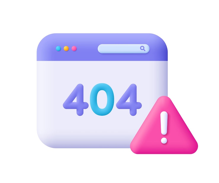 Vector página web con error 404 y señal de exclamación de atención página de error 404 no encontrada y alerta de página web precaución concepto de programación y codificación de desarrollo icono vectorial 3d estilo minimalista de dibujos animados